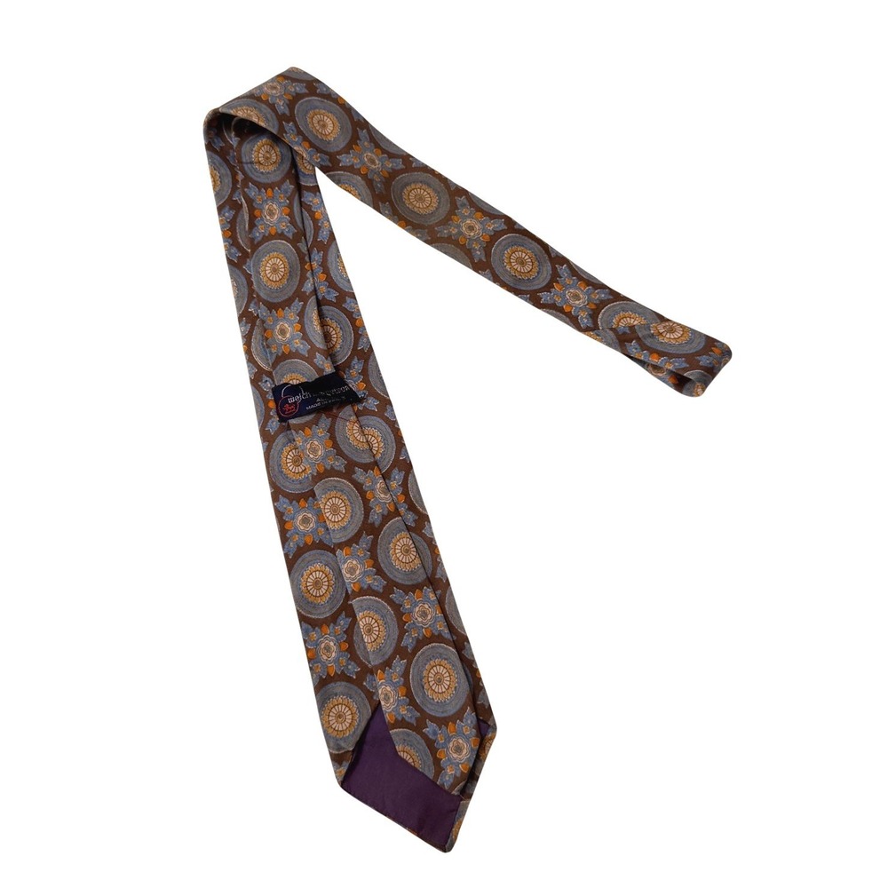Vintage Welch Margetson‎ Silk Necktie Brown Blue Gold Medallion Pattern Tie
